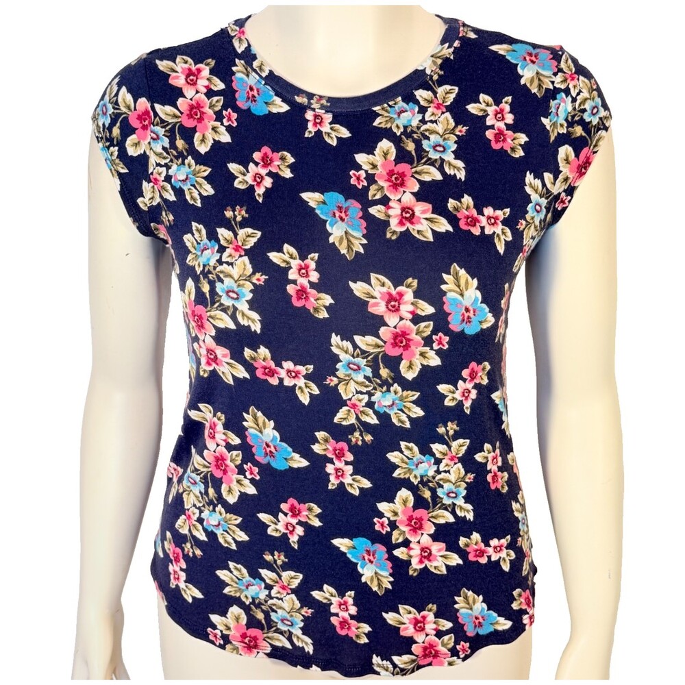 Blue Sol Tee Shirt Women's PL Navy Pink Blue Floral Cap Sleeve Crew Neck